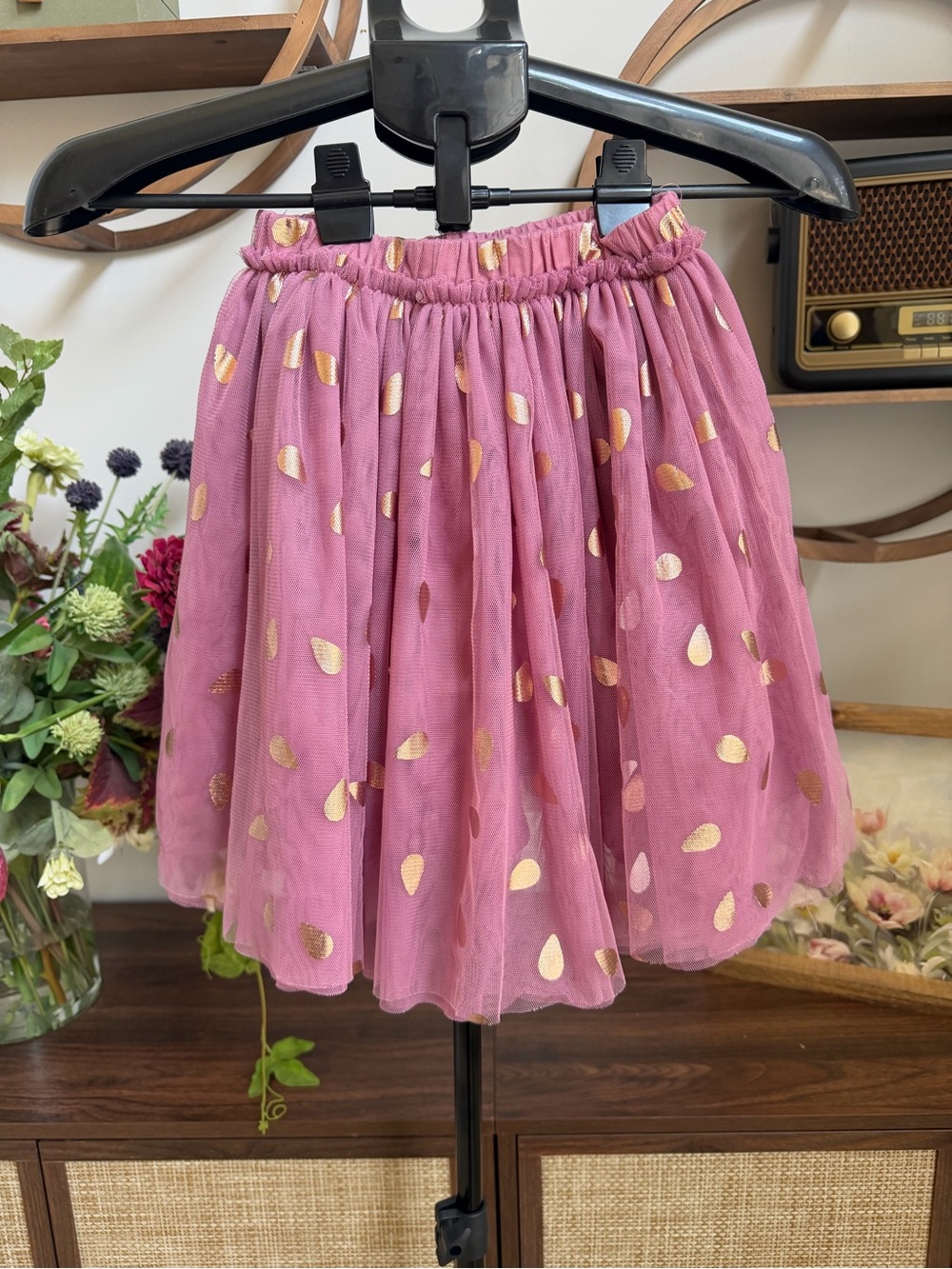 Peek Girls Size 10 Pink Tulle Skirt Metallic Gold Dot Party